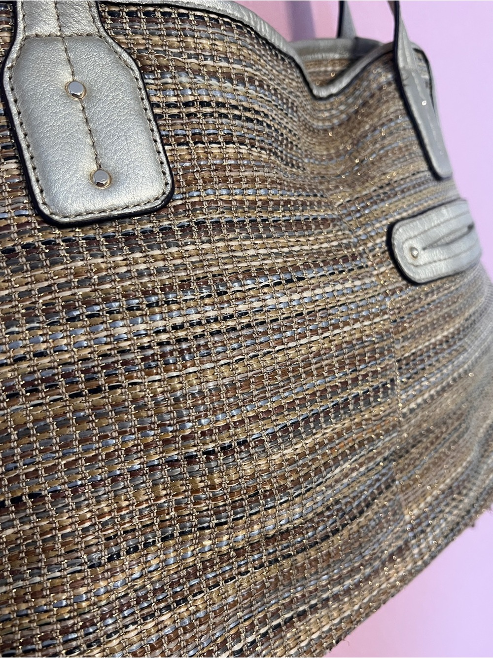B Makowsky Vintage Woven Tote Bag with Gold Leather Trim - Picture 3 of 8